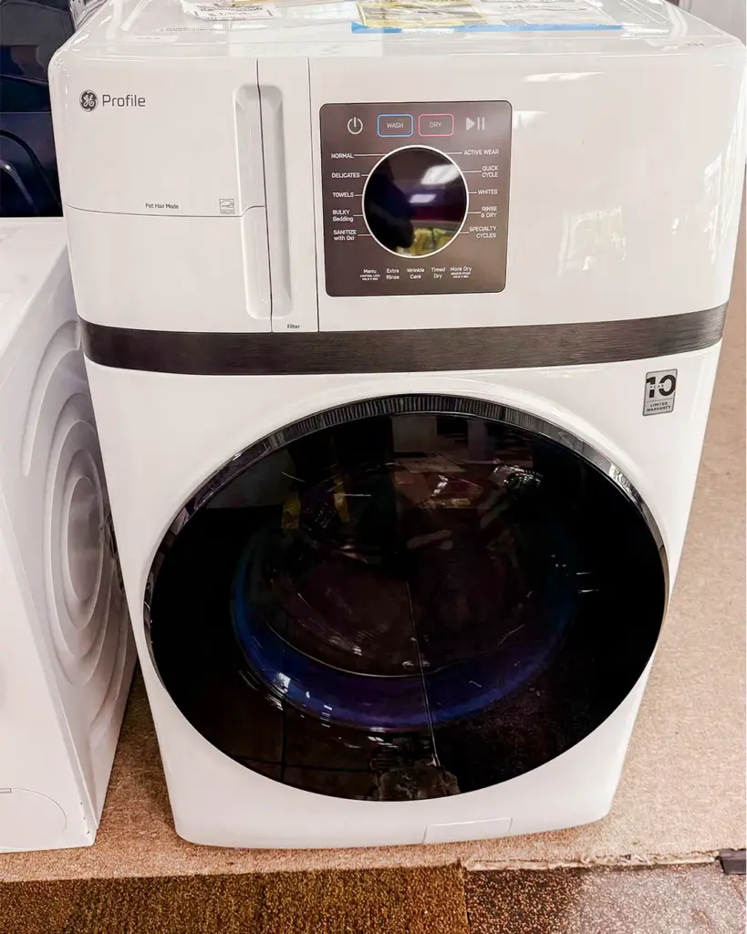 White GE Profile front load washer dryer combo at Compare Deals appliance outlet